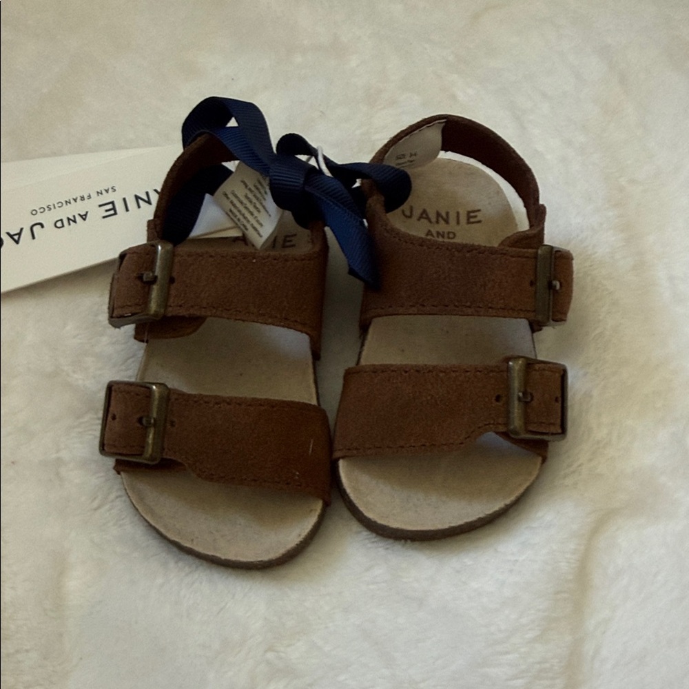 Janie and Jack Brown Kids Sandals with Navy Accents